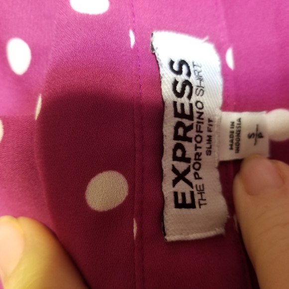 EXPRESS THE PORTOFINO SHIRT slim fit purple white polka dot long roll sleeve top - Picture 5 of 6